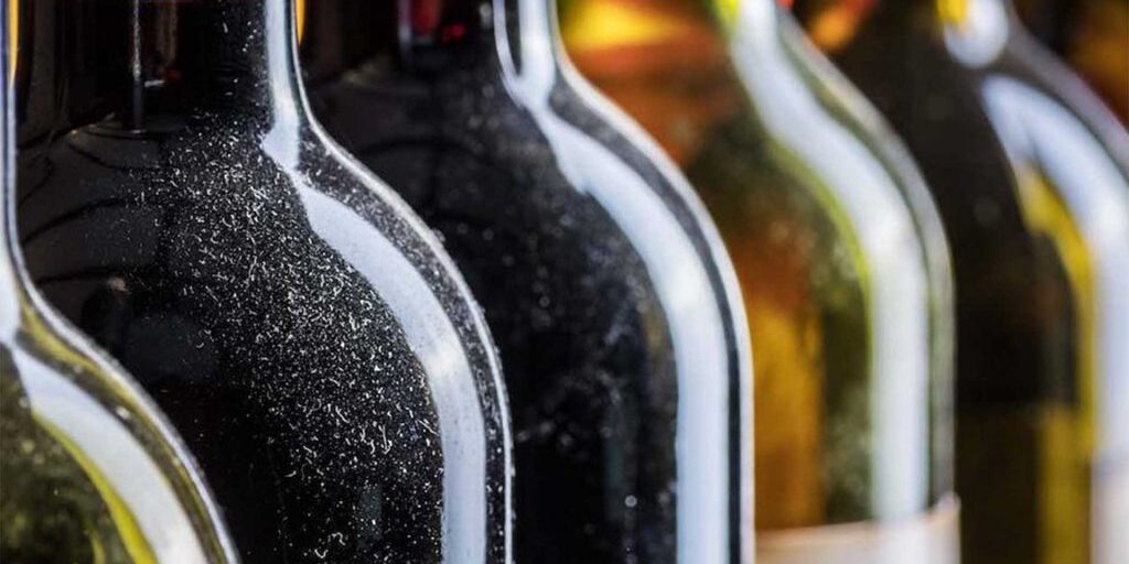Line of wine bottles. Close-up.